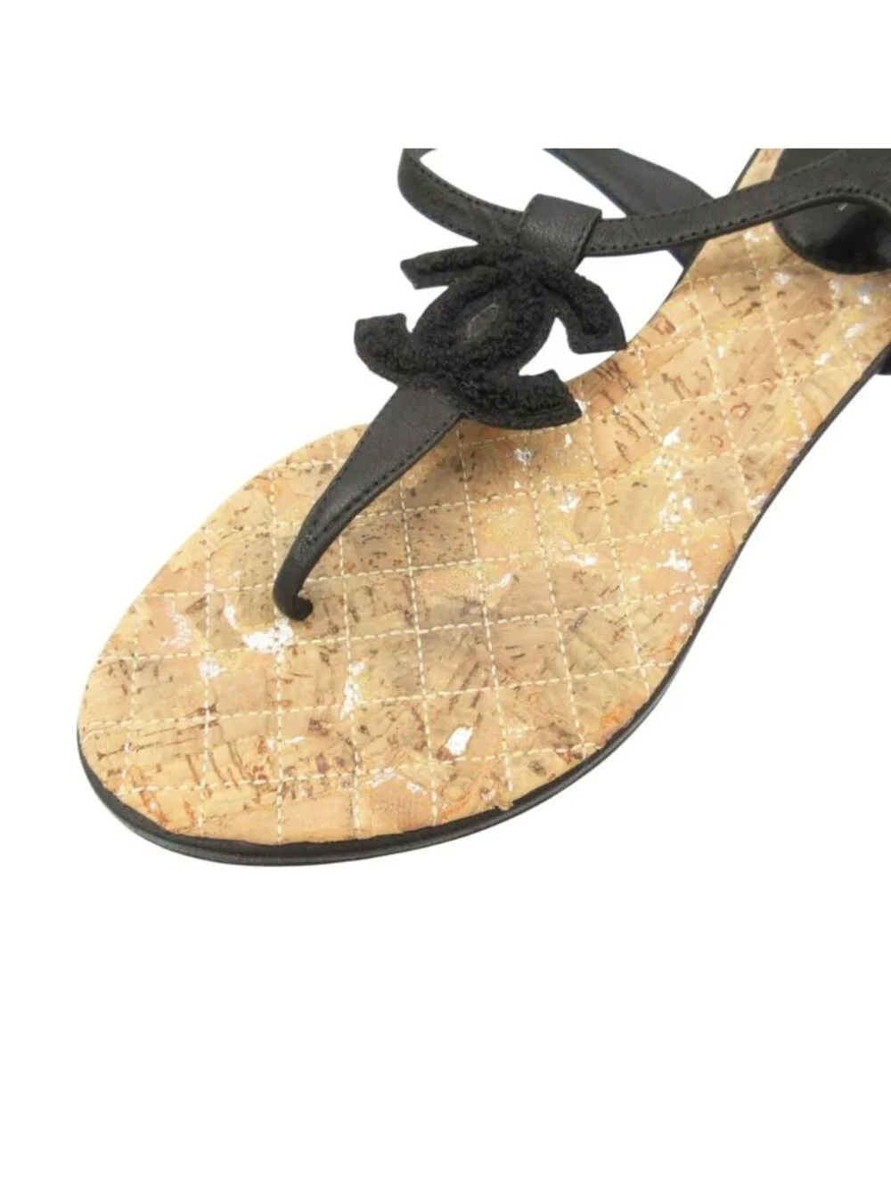 Chanel Sandals Beach Thong CC Logo T Strap Quilted Cork Black